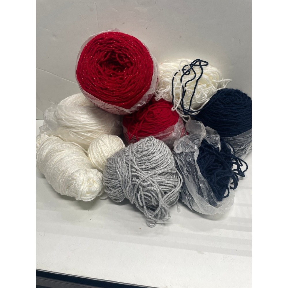 Mixed Yarn Lot of 9 Red White Blue Grey Glitter Craft Crochet Knit